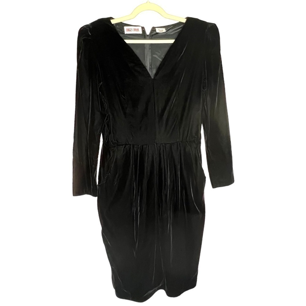Vintage Maggy London 80s Velvet Black V Neck Pleated Dress With Pockets Size 14